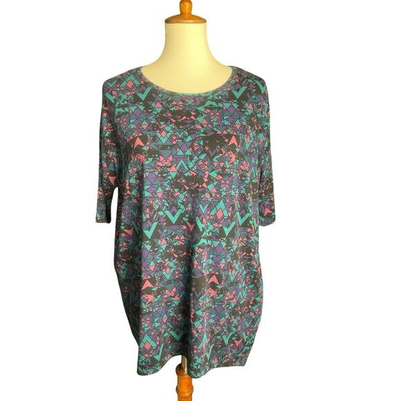 LuLaRoe Tops - LuLaRoe Tunic Women Size Small High Low Gray Teal Pink 80s Pattern Fun Print